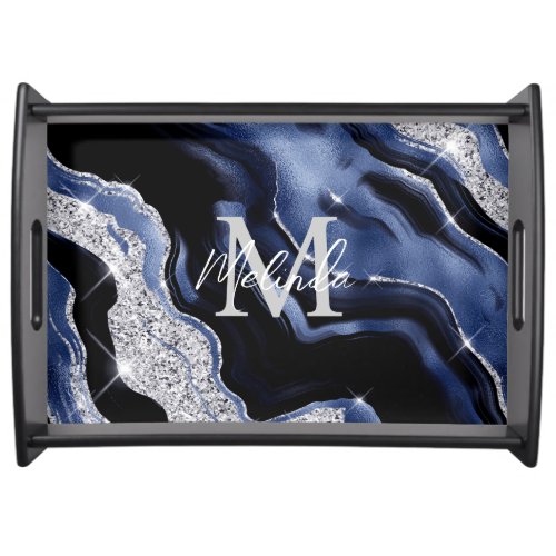 Dark Blue and Silver Abstract Agate Serving Tray