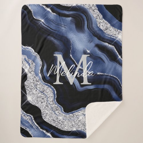 Dark Blue and Silver Abstract Agate Sherpa Blanket