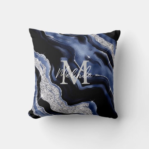 Dark Blue and Silver Abstract Agate Throw Pillow