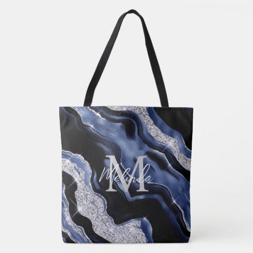 Dark Blue and Silver Abstract Agate Tote Bag