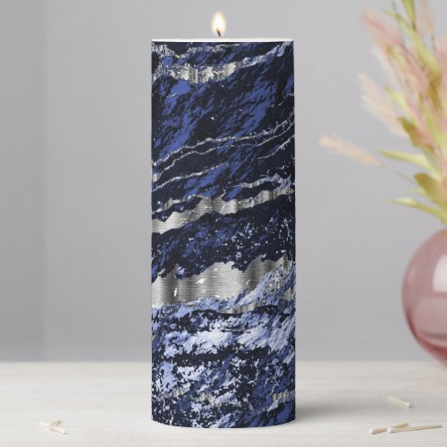 Dark Blue and Silver Abstract Marble  Pillar Candle