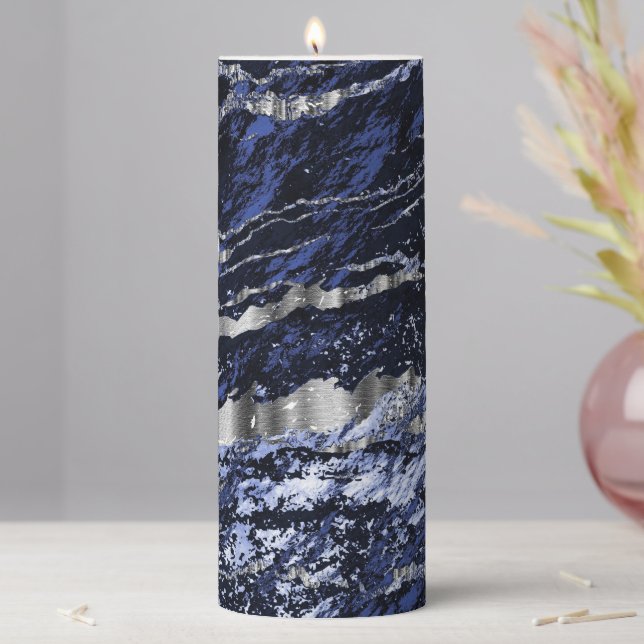 Dark Blue and Silver Abstract Marble  Pillar Candle (In Situ)