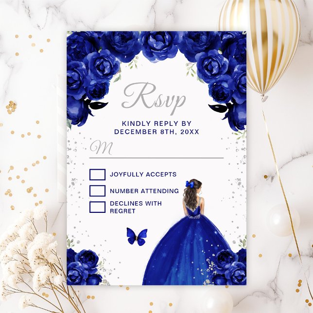Dark Blue and Silver Brunette Hair Princess RSVP Card (Creator Uploaded)