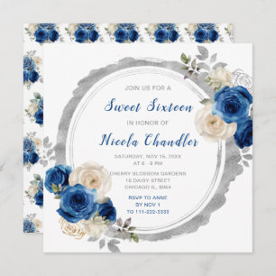 Dark Blue and Silver Elegant Flowers Sweet Sixteen Invitation