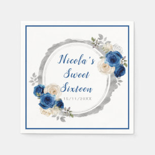 Dark Blue and Silver Elegant Flowers Sweet Sixteen Napkins