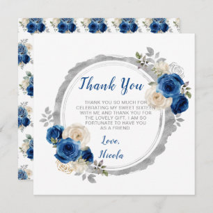 Dark Blue and Silver Elegant Flowers Sweet Sixteen Thank You Card