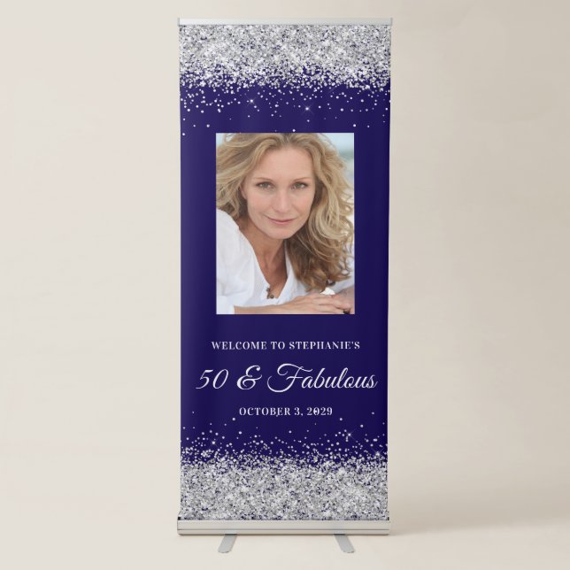 Dark Blue and Silver Glitter 50 & Fabulous Welcome Retractable Banner (Front)