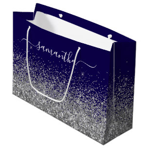 Dark Blue and Silver Glitter Elegant Name Large Gift Bag