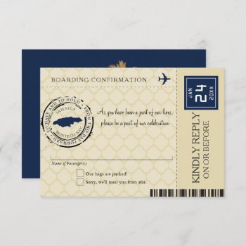 Dark Blue And Tan Jamaica Rsvp Boarding Pass by labellarue at Zazzle