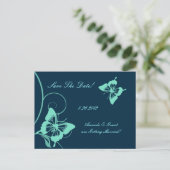 Dark Blue and Teal Butterfly Save The Date Announcement Postcard (Standing Front)