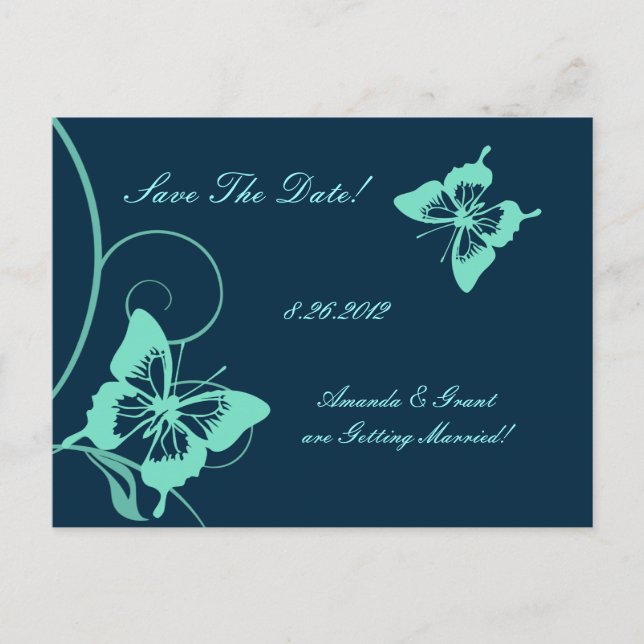 Dark Blue and Teal Butterfly Save The Date Announcement Postcard (Front)