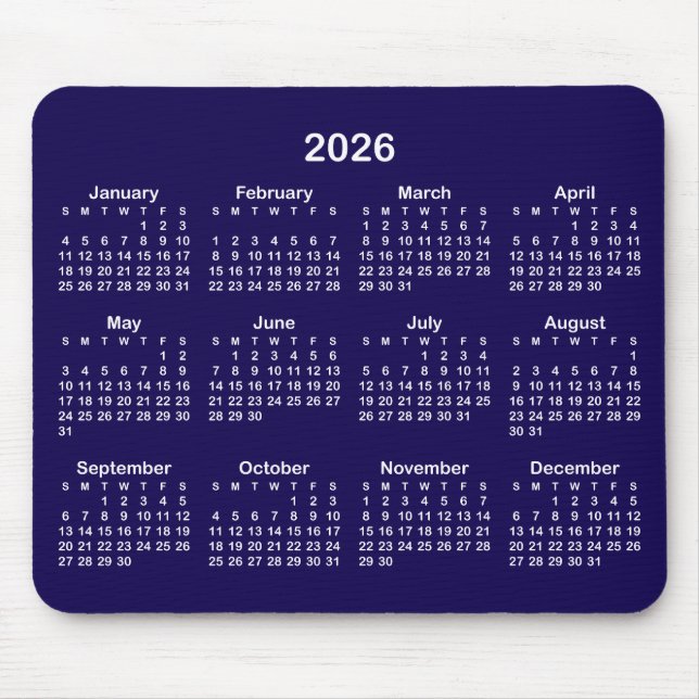 Dark Blue and White 2026 Calendar Mouse Pad (Front)