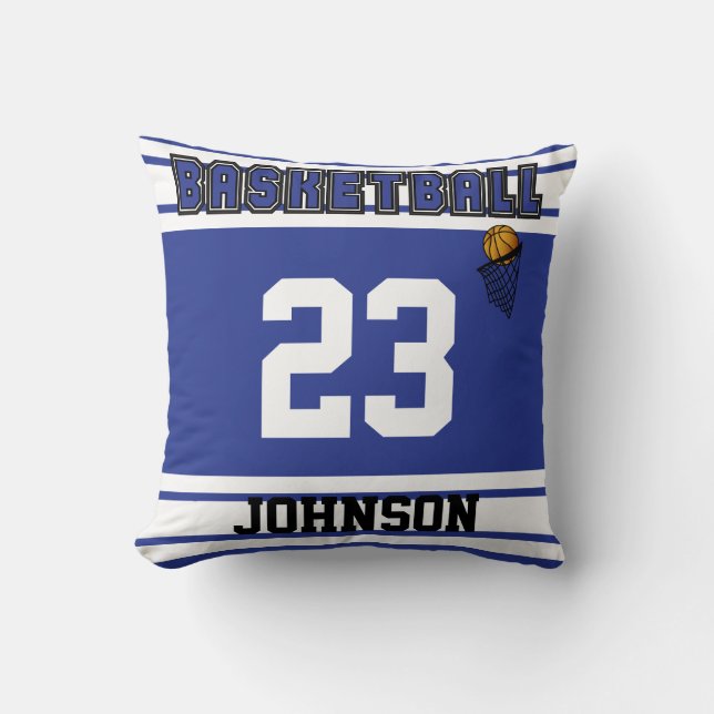 Dark Blue and White Basketball Throw Pillow (Front)