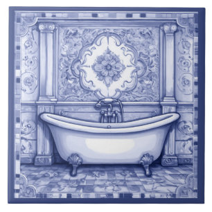 Dark Blue and White Bath Tub Bathroom Tile