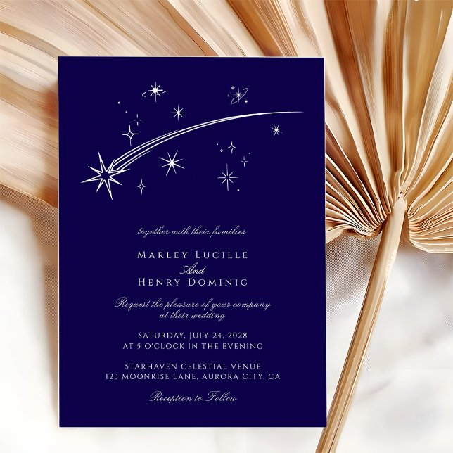 Dark Blue and White Celestial Wedding Silver Foil Invitation (Creator Uploaded)