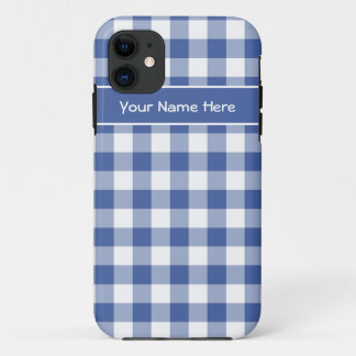 Dark Blue and White Check Gingham Pattern iPhone 11 Case