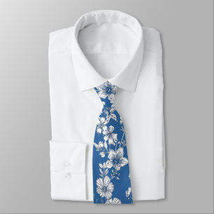 Dark Blue and White Chinoiserie Floral Neck Tie