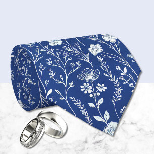 Dark Blue and White Chinoiserie Floral  Neck Tie