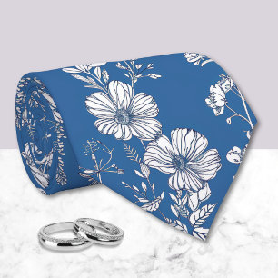 Dark Blue and White Chinoiserie Floral  Neck Tie
