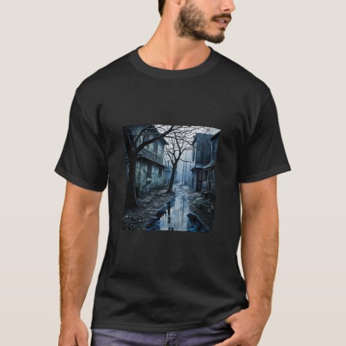 Dark Blue and White City Street  T_Shirt