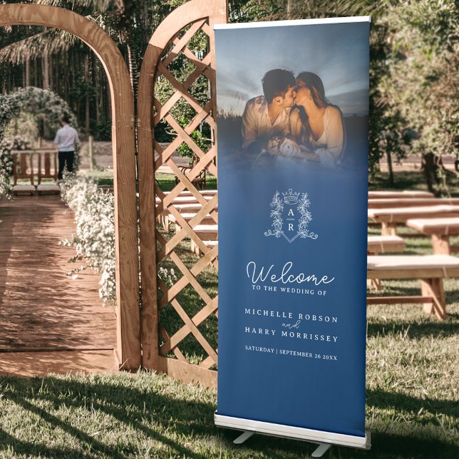 Dark blue and white crown monogram wedding photo retractable banner (Creator Uploaded)