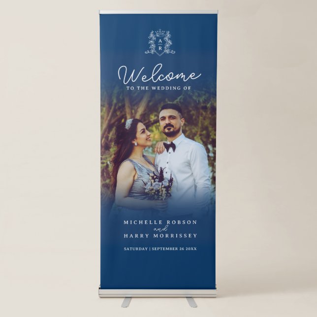 Dark blue and white crown monogram wedding photo retractable banner (Front)