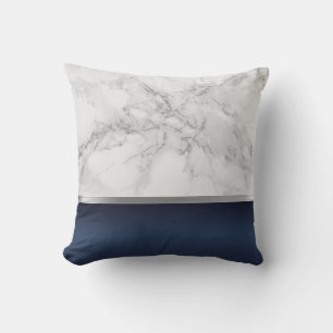 Dark Blue and White Gray Marble Design Throw Pillow