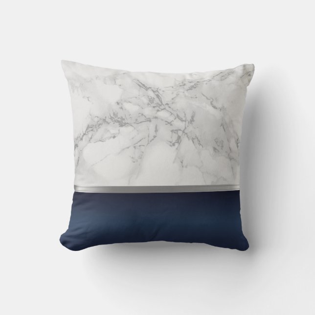 Dark Blue and White Gray Marble Design Throw Pillow (Front)