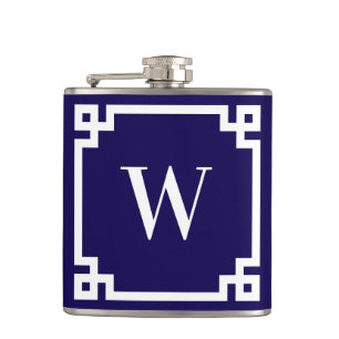 Dark Blue and White Greek Key Border Monogram Flask