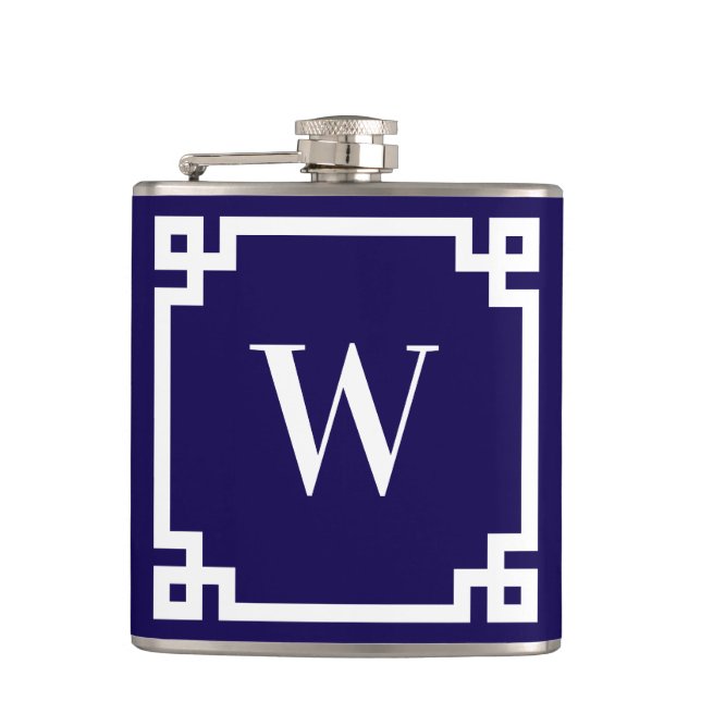 Dark Blue and White Greek Key Border Monogram Flask (Front)