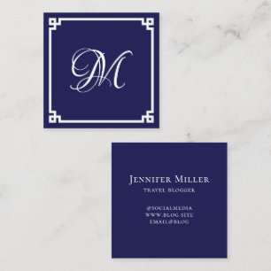Dark Blue and White Greek Key Calligraphy Monogram Square Business Card