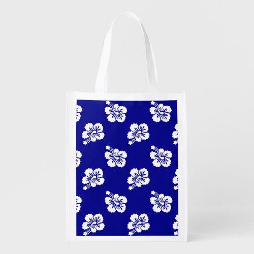 Dark Blue and White Hawaiian Floral Pattern Grocery Bag