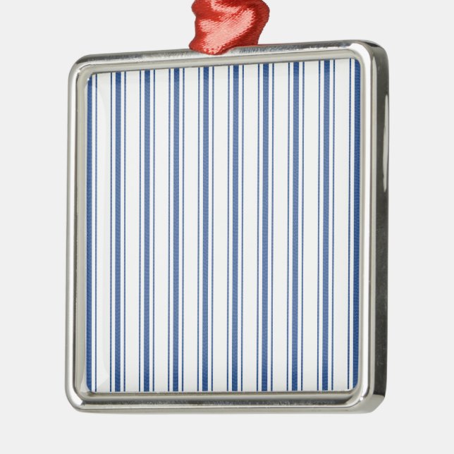 Dark Blue and White Mattress Ticking Narrow Stripe Metal Ornament (Left)
