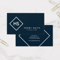 Dark Blue and White Minimalist Geometric Monogram Business Card