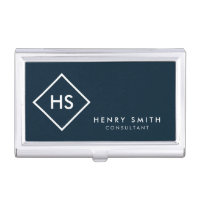 Dark Blue and White Minimalist Geometric Monogram Business Card Holder