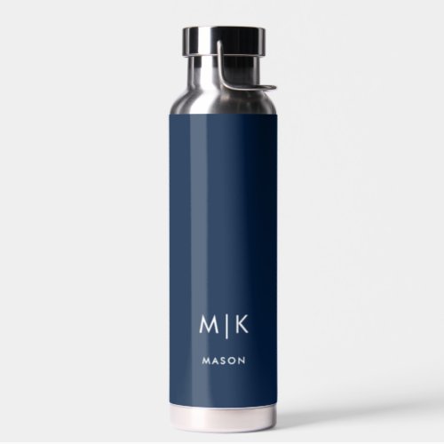 Dark Blue and White  Modern Monogram Water Bottle