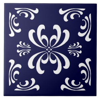 Dark Blue And White Nouveau Flourish Ceramic Tile by debinSC at Zazzle