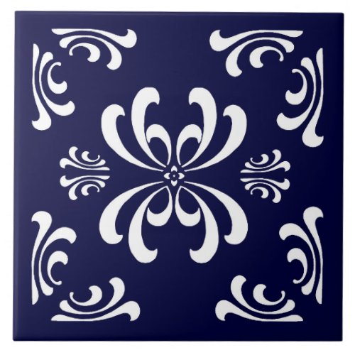 Dark Blue and White Nouveau Flourish Ceramic Tile