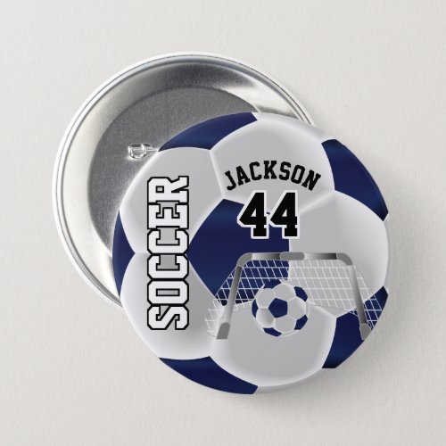 Dark Blue and White Personalize Soccer Ball Button