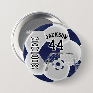 Dark Blue and White Personalize Soccer Ball Button
