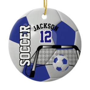 ⚽ Dark Blue and White Personalize Soccer Ball Ceramic Ornament