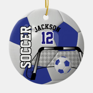 ⚽ Dark Blue and White Personalize Soccer Ball Ceramic Ornament