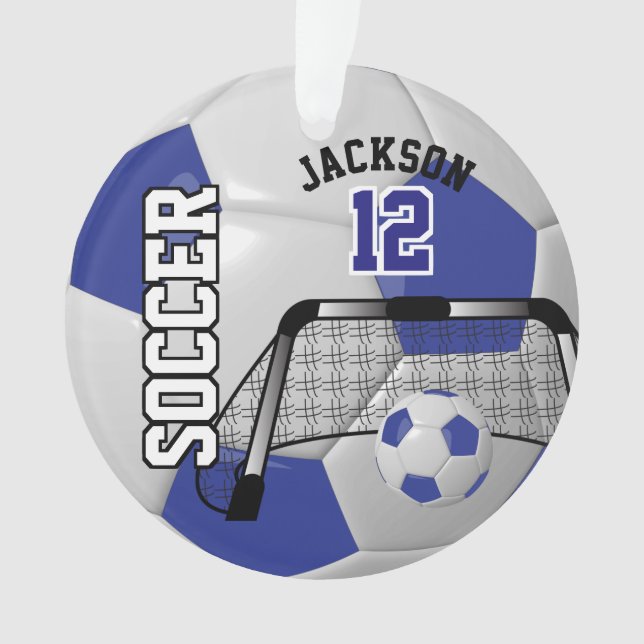 Dark Blue and White Personalize Soccer Ball Ornament (Front)