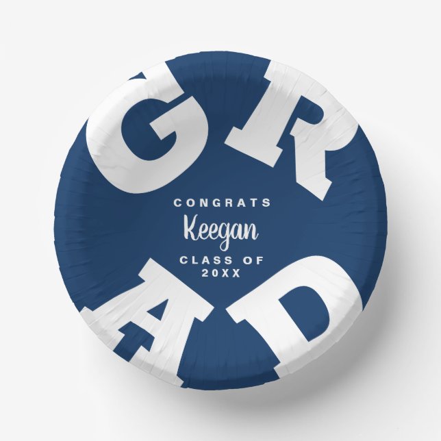 Dark Blue and White Personalized Graduation Paper Bowls (Front)