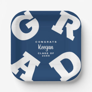 Dark Blue and White Personalized Graduation Paper Plates