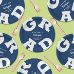 Dark Blue and White Personalized Graduation Paper Plates<br><div class="desc">GRAD in bold white lettering curves around the edges of these dark blue graduation party paper plates - available in 2 sizes. Congratulations above the name of your graduate and the Class of below. The perfect addition to your table decor for upcoming grad parties. MATCHING ITEMS and more colors in...</div>