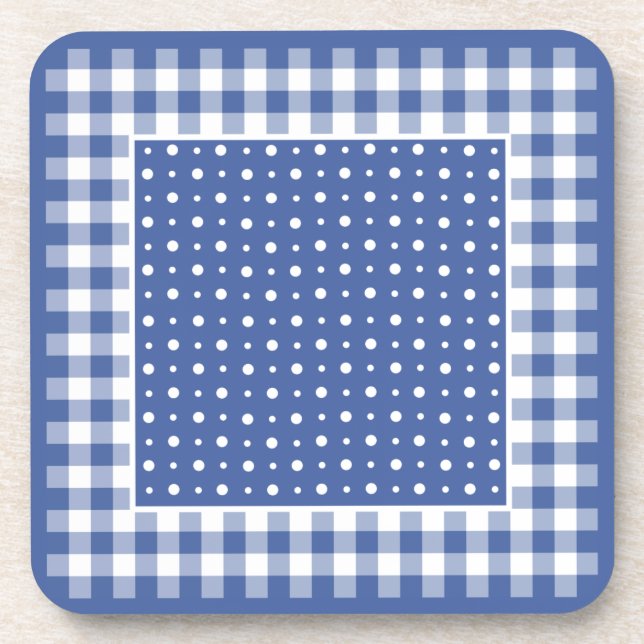 Dark Blue and White Polka Dots and Check Gingham Drink Coaster (Front)