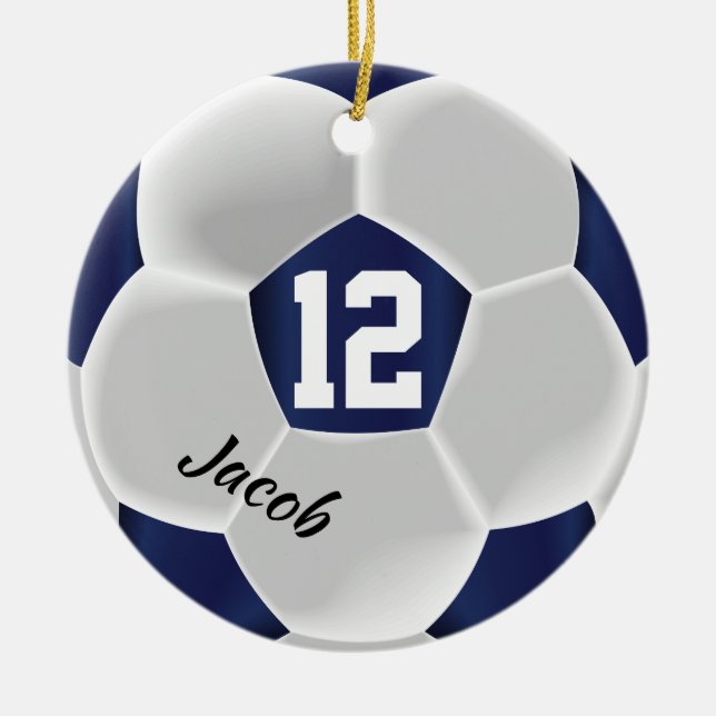 Dark Blue and White Soccer Ball Ceramic Ornament (Front)