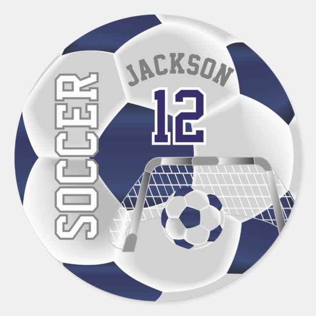 Dark Blue and White Soccer Ball Classic Round Sticker (Front)