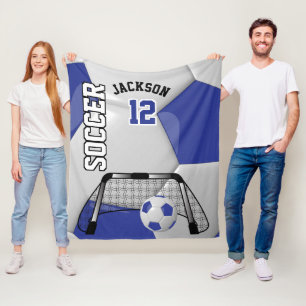Dark Blue and White ⚽ Soccer Ball with DIY Text Fleece Blanket